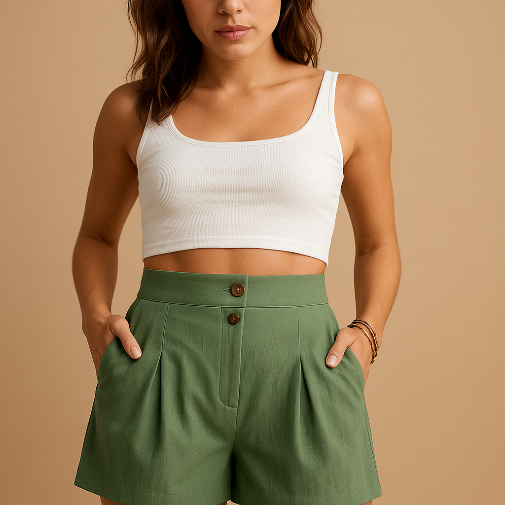 Women’s elegant summer shorts with double button detail and flattering fit, perfect for brunch, garden parties, and everyday summer wear.
