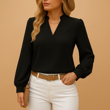 Women’s elegant V-neck top with flowy fit and refined silhouette, available in neutral tones, perfect for work, casual wear, or evening looks.