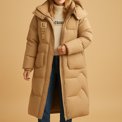 Elegant winter coat for women with tailored fit, soft lining, and spacious side pockets, available in black, khaki, and pastel blue.