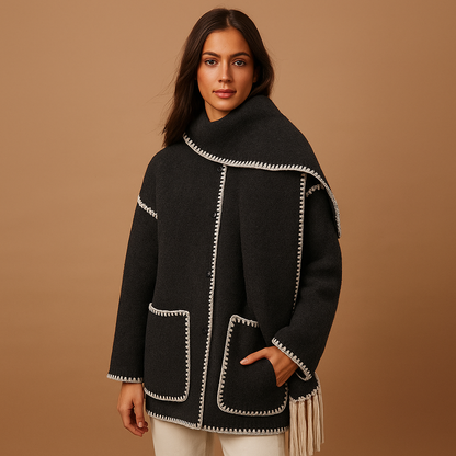 Elegant long winter coat for women with belt and removable scarf, featuring warm lining and refined design for stylish winter wear.