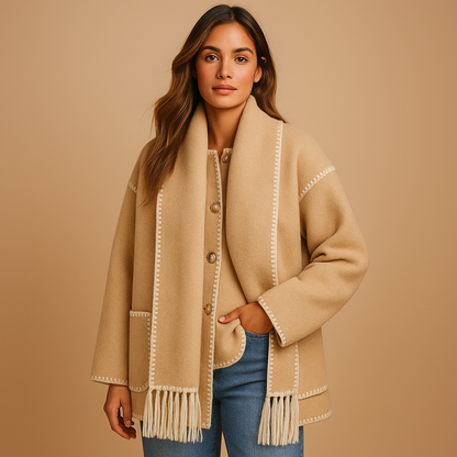 Elegant long winter coat for women with belt and removable scarf, featuring warm lining and refined design for stylish winter wear.