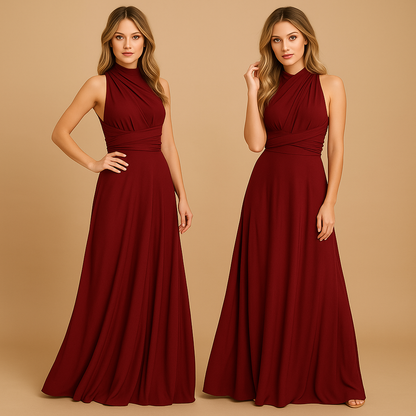 Women’s elegant wrap dress with extra-long straps and pleated waist, 20+ styling options, perfect for weddings, parties, and formal occasions.