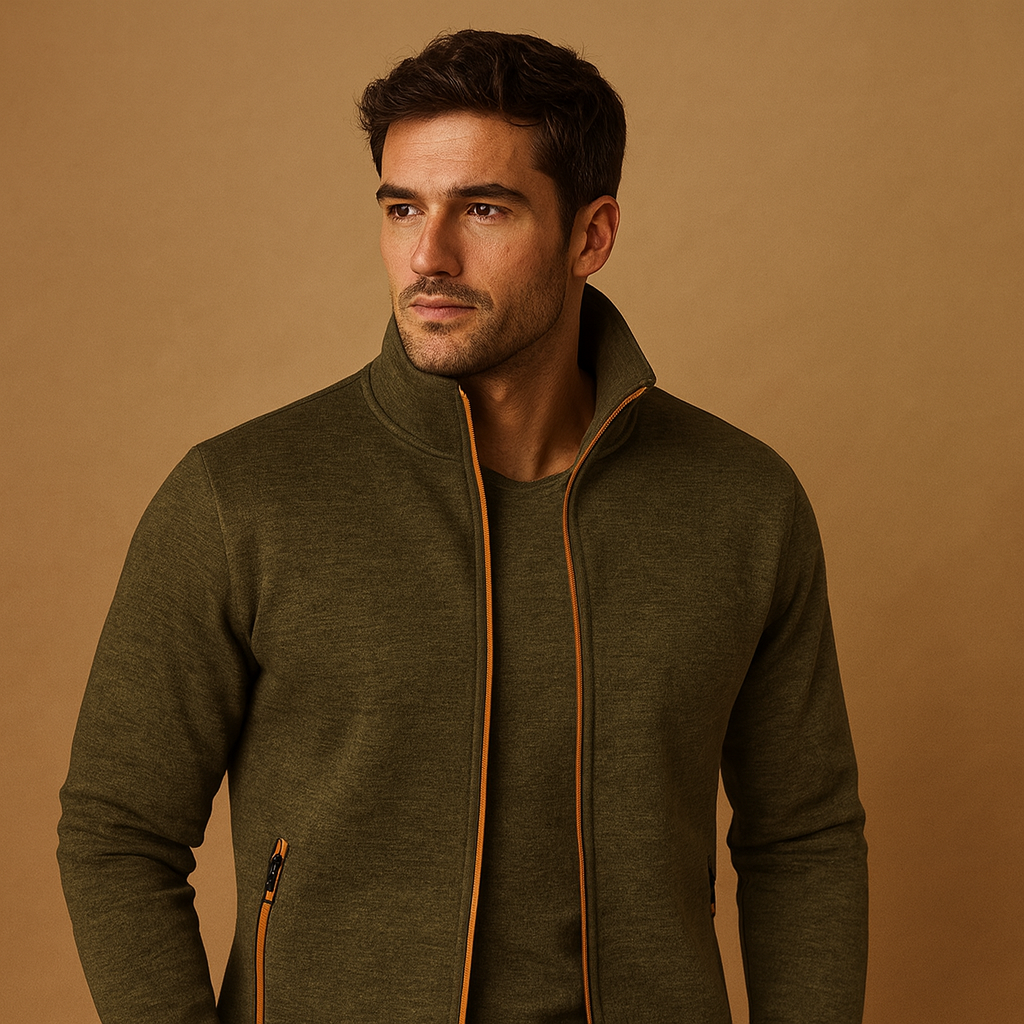 Men’s elegant zip cardigan with handcrafted finish and hidden zip pockets, made from soft wrinkle-free fabric for timeless style and comfort.