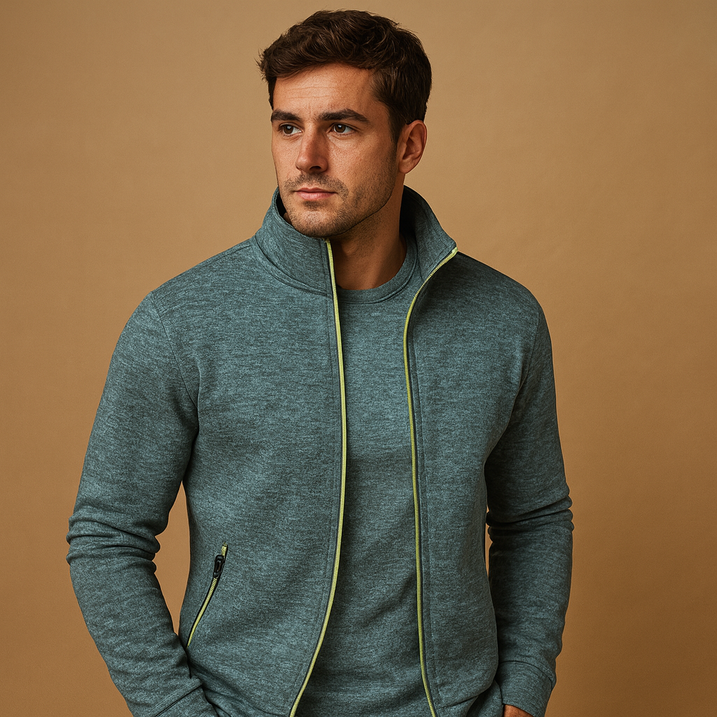 Men’s elegant zip cardigan with handcrafted finish and hidden zip pockets, made from soft wrinkle-free fabric for timeless style and comfort.