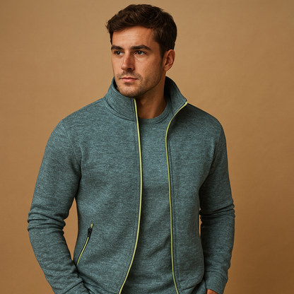 Men’s elegant zip cardigan with handcrafted finish and hidden zip pockets, made from soft wrinkle-free fabric for timeless style and comfort.