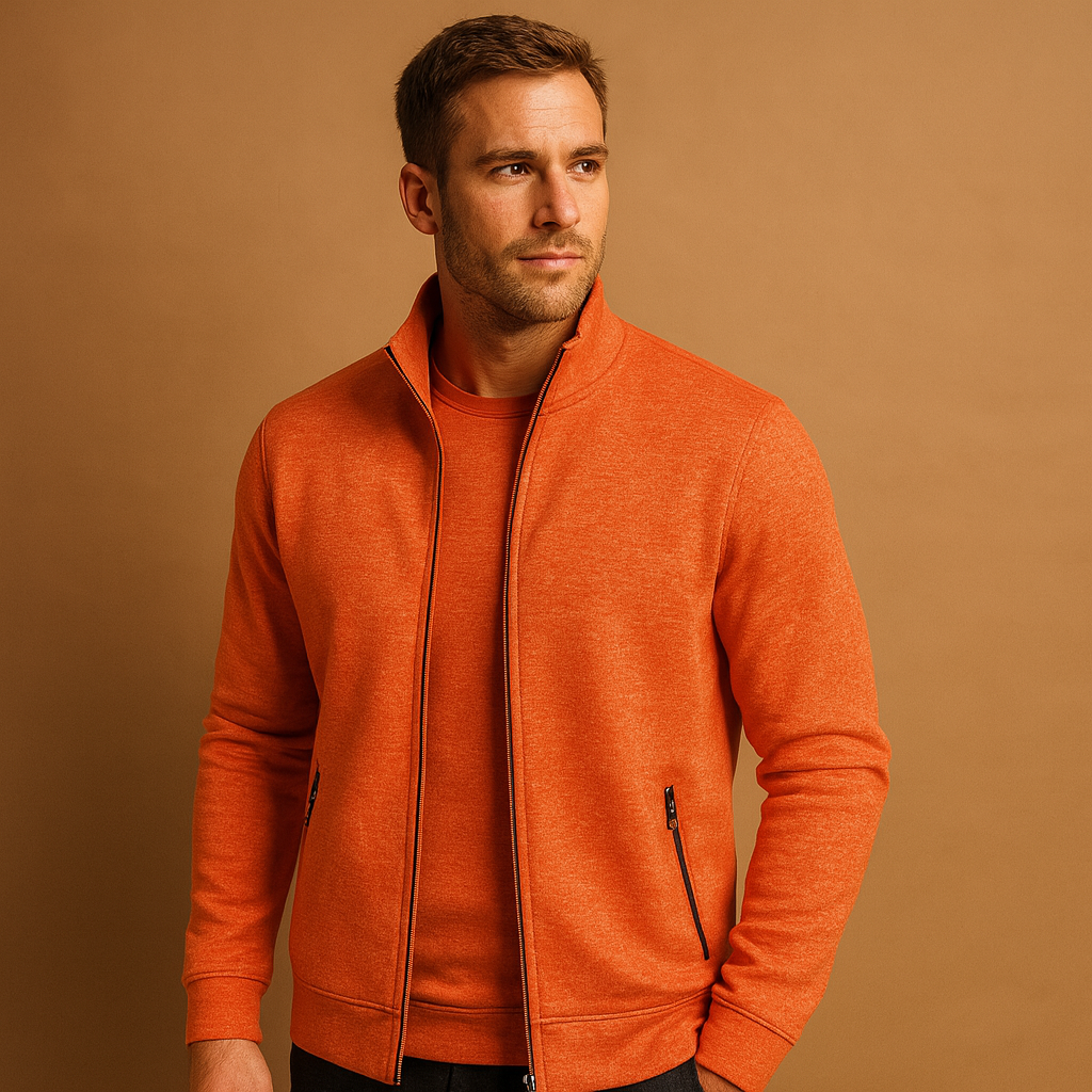 Men’s elegant zip cardigan with handcrafted finish and hidden zip pockets, made from soft wrinkle-free fabric for timeless style and comfort.