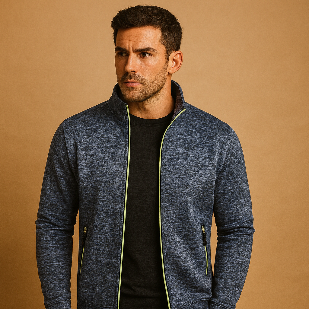 Men’s elegant zip cardigan with handcrafted finish and hidden zip pockets, made from soft wrinkle-free fabric for timeless style and comfort.