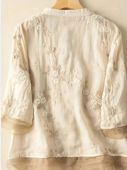 Embroidered Floral Blouse | Eliza | Button Closure | Fashionable-M-Apricot-Nora Luxe