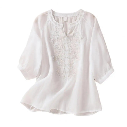 Embroidered Ladies' Cotton Summer Blouse – Ysolde-White-S-State of Style