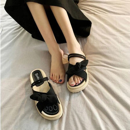 Brown Ankle Wrap Flat Sandals - Pexav