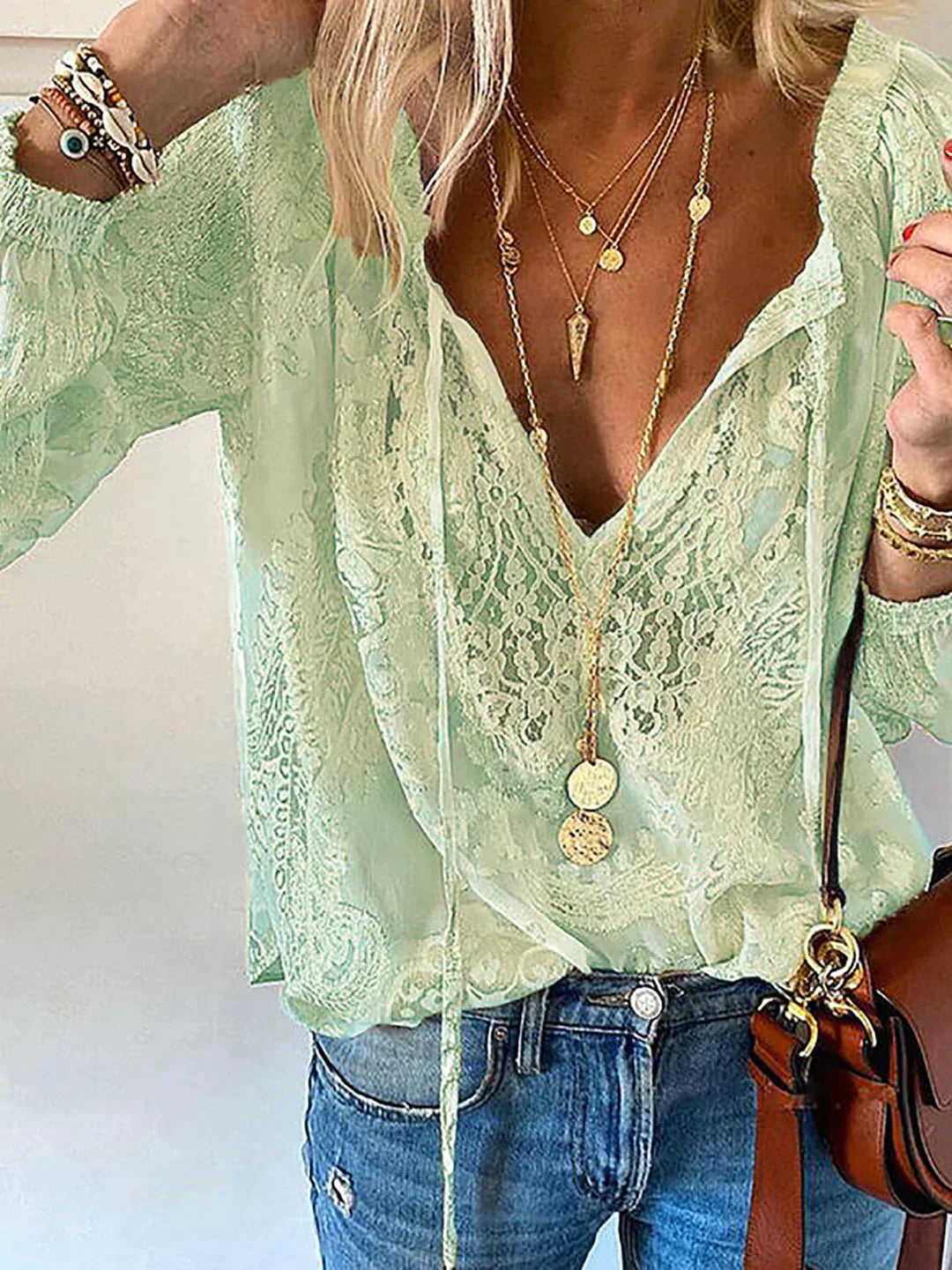 Exclusive Ladies' Blouse with Lace - Elodie-Green-XS-Nora Luxe
