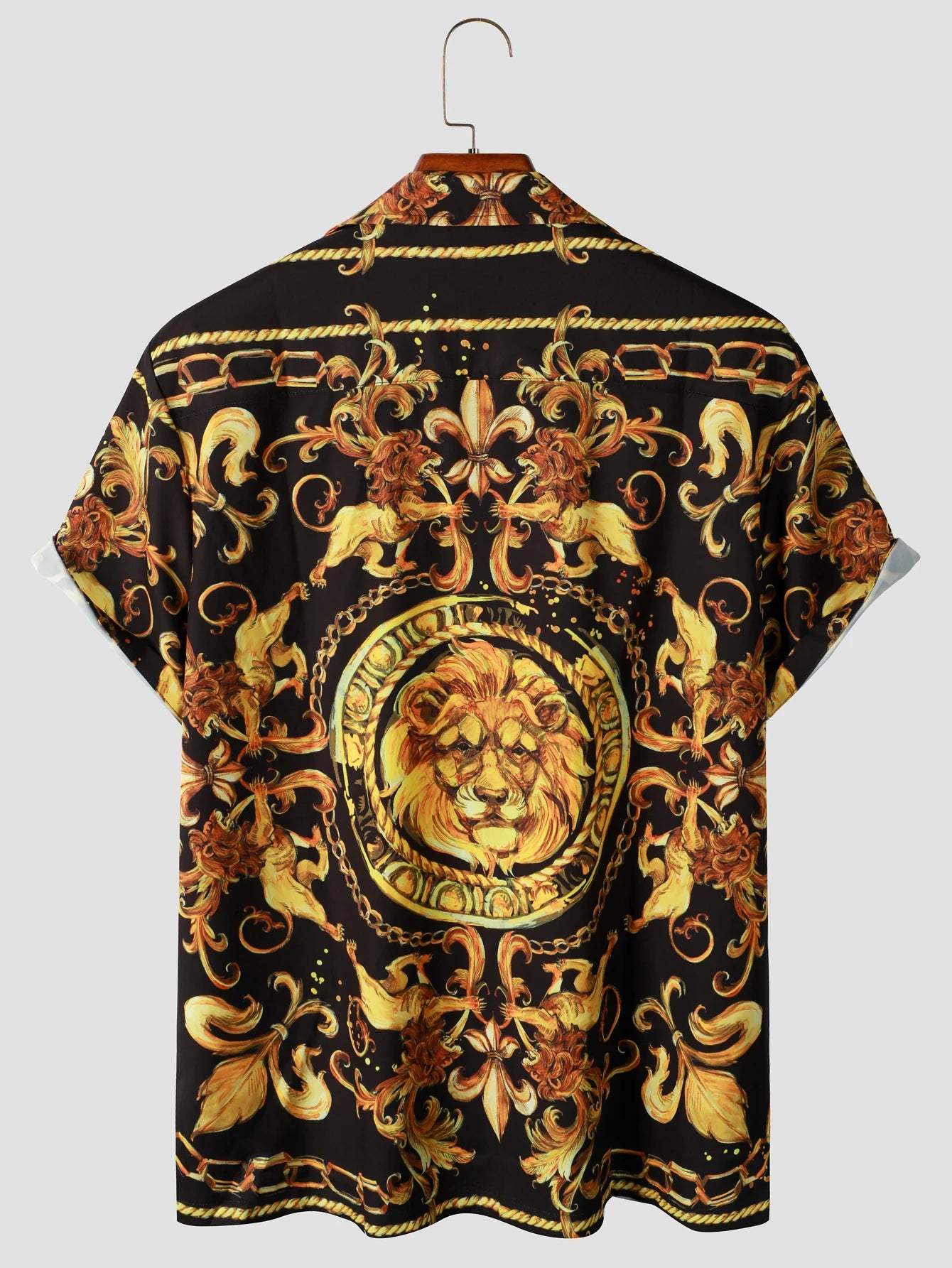 Expressive men's short-sleeved shirt with baroque pattern & lion motif – Dante-M-Nora Luxe