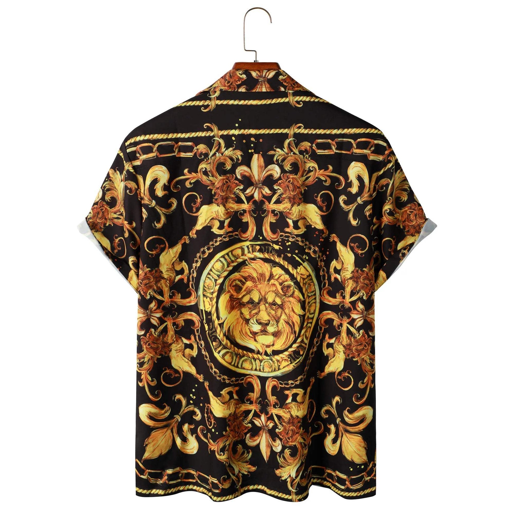 Expressive men's short-sleeved shirt with baroque pattern & lion motif – Dante-M-Nora Luxe