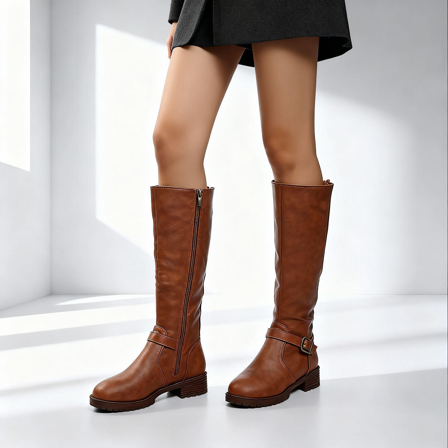 Classic Mid-Calf Riding Boots | Buckle Lug Sole Boots - Nocini