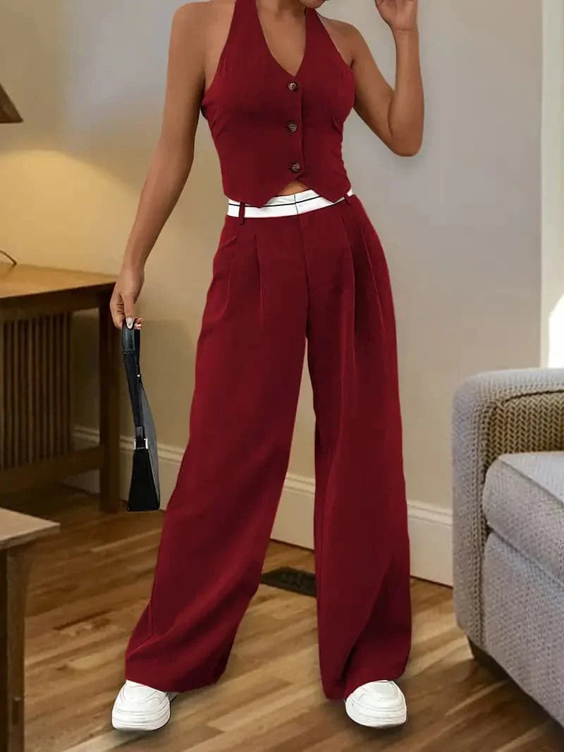 Women's Set - Halter Top & High Waist Pants - Chic and Stylish - Nocini