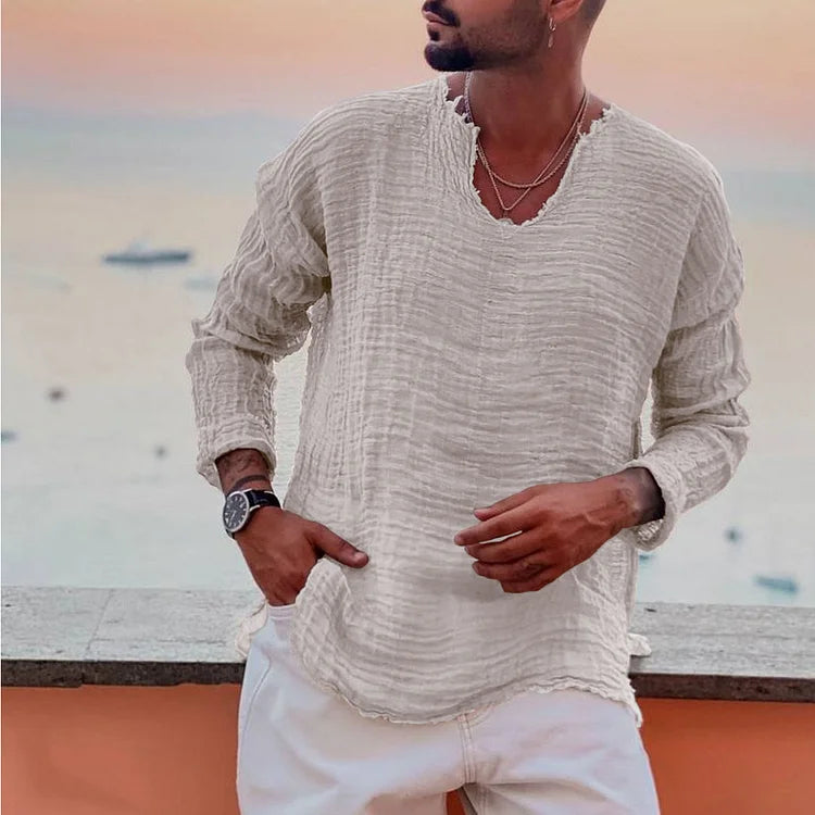 Casual V-Neck Men's Long Sleeve Shirt - Nocini