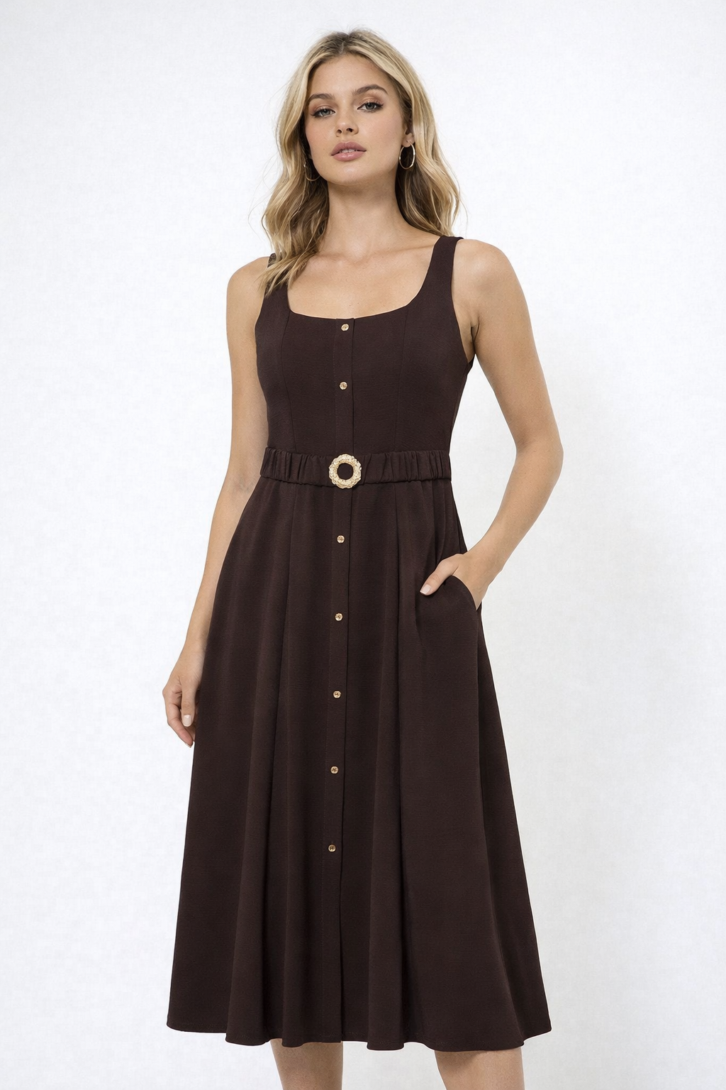 Classic Fit Button Front Waist Belt Midi Dress