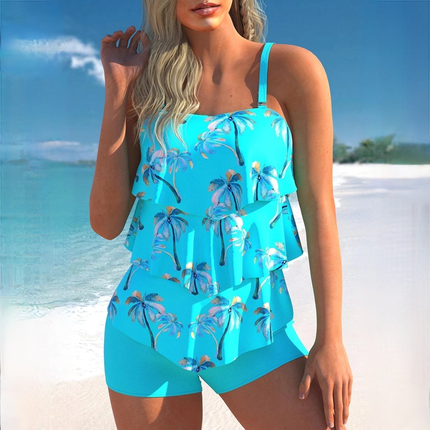 Women's Swimsuit Set - Ruffled Bikini Top - High Waisted Shorts - Nocini