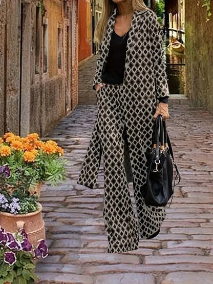 Women's Suit - Chic Long Coat & Wide Leg Pants