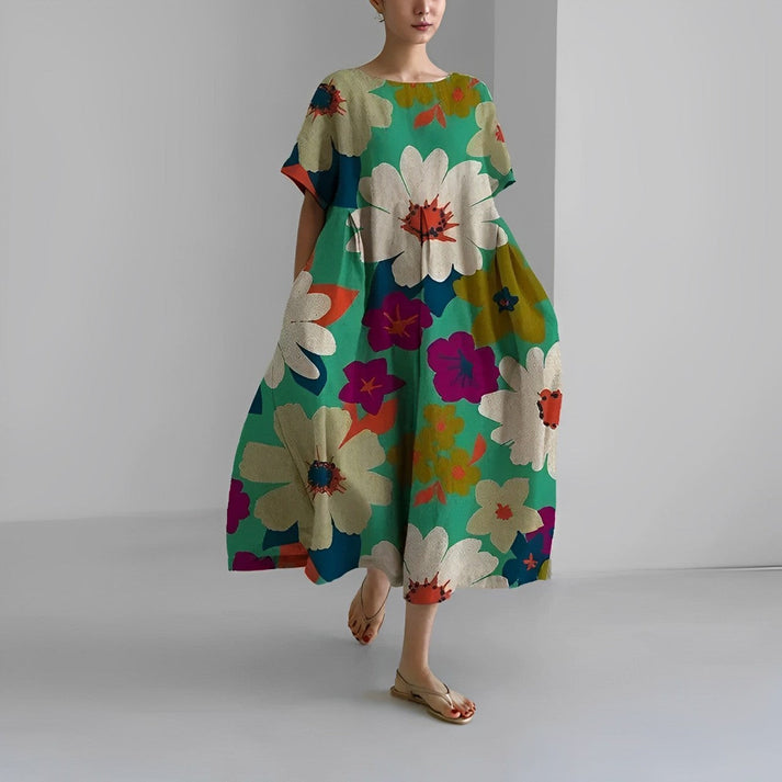 Casual V Neck Short Sleeve Floral Midi Dress with Pockets