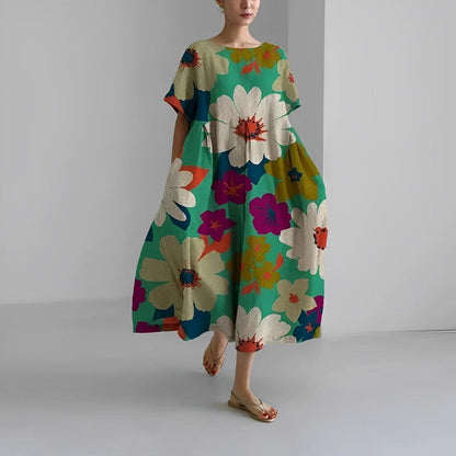 Casual V Neck Short Sleeve Floral Midi Dress with Pockets
