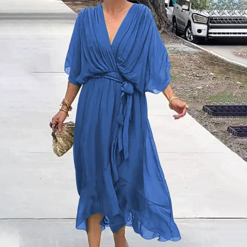 Fallaway Maxi Dress with V-Neck – Elara-Blue-M-The Livary