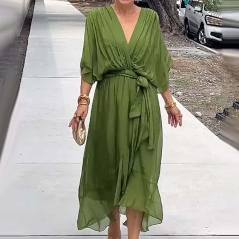 Fallaway Maxi Dress with V-Neck – Elara-Green-M-The Livary