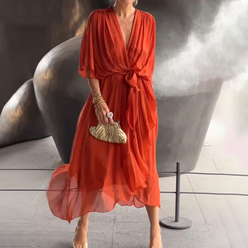Fallaway Maxi Dress with V-Neck – Elara-Orange-M-The Livary