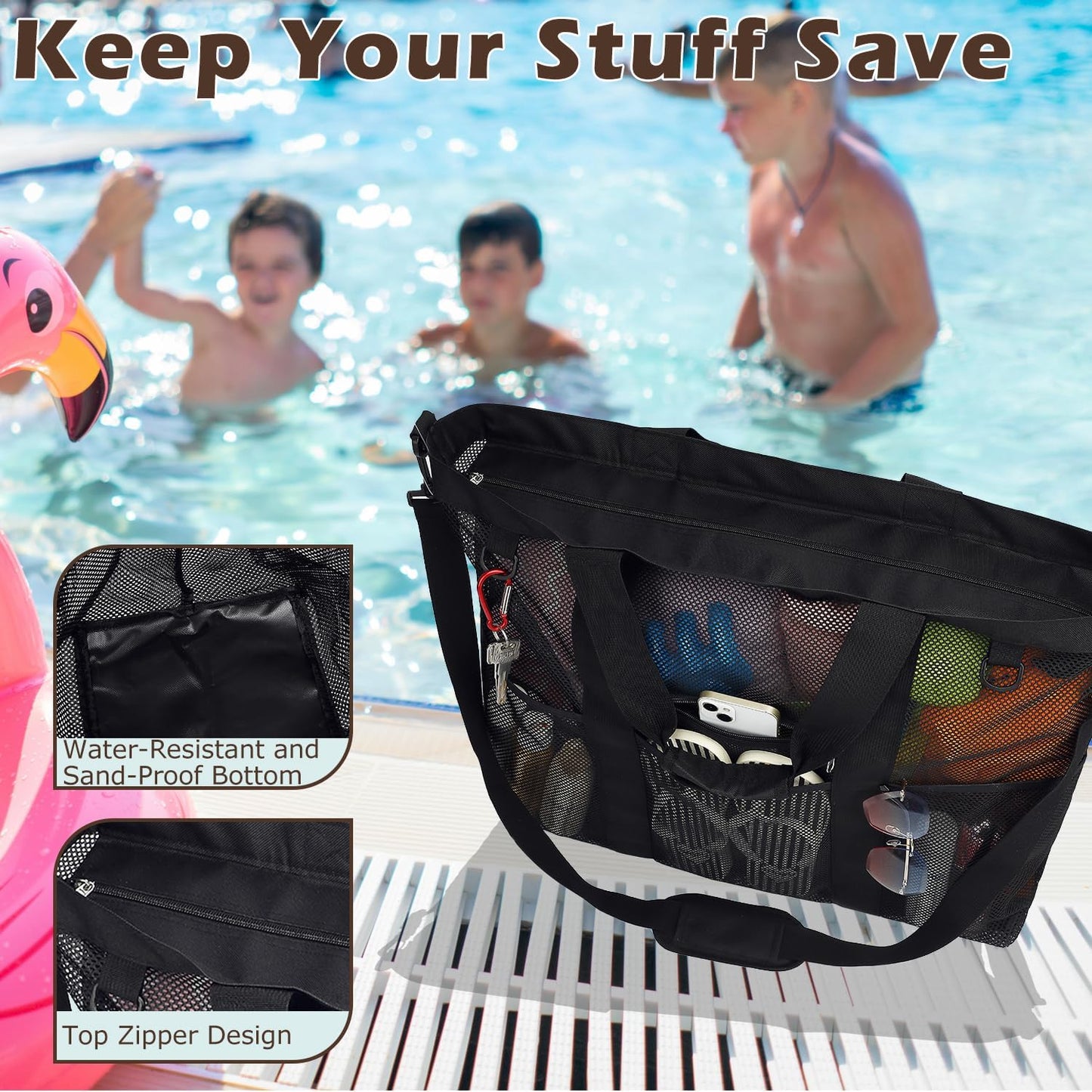 Clear Large Mesh Beach Bag with 8 Compartments