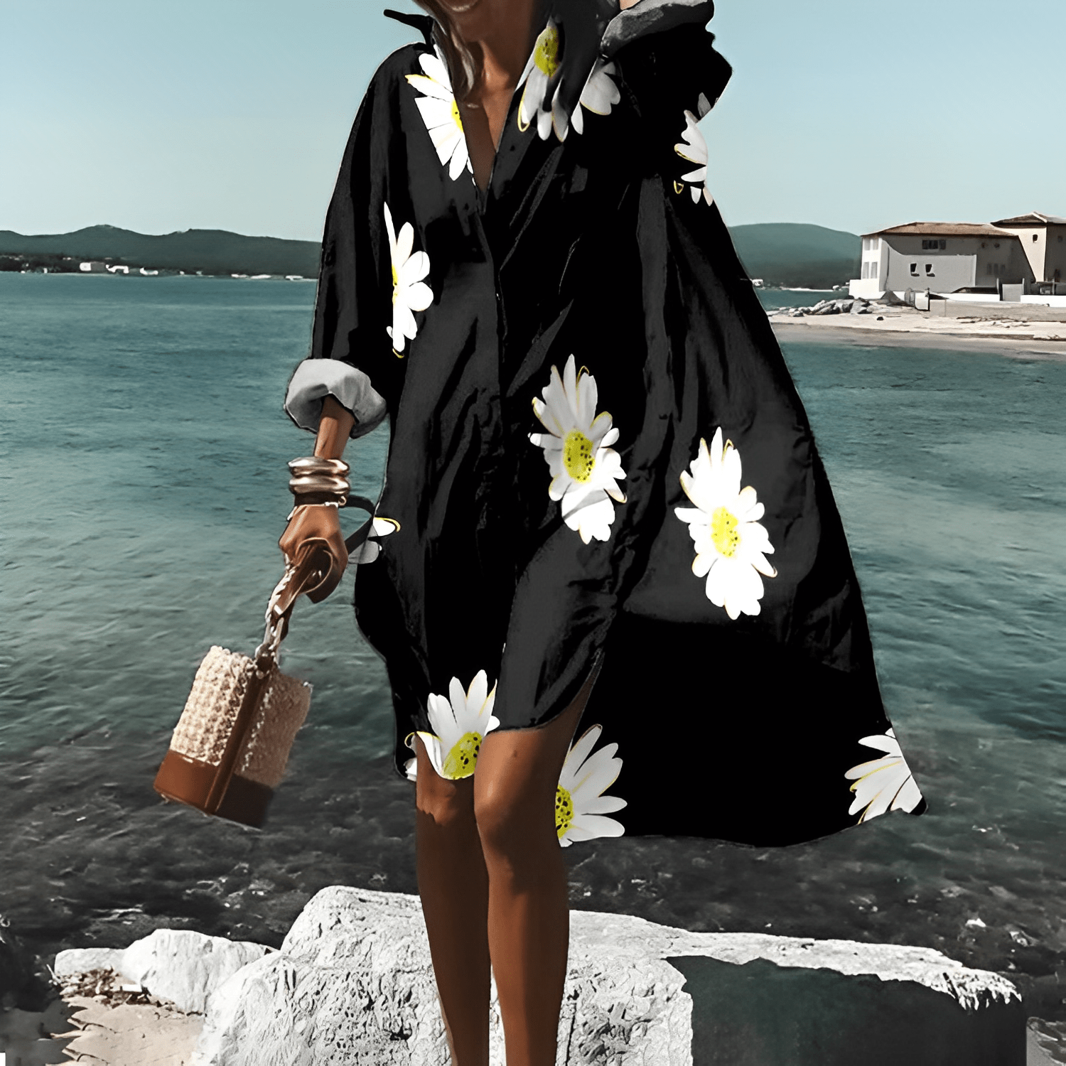 Fashionable Print Midi Dress with Unique Pattern - Mia Belle-Black-S-50% DISCOUNT!-Nora Luxe