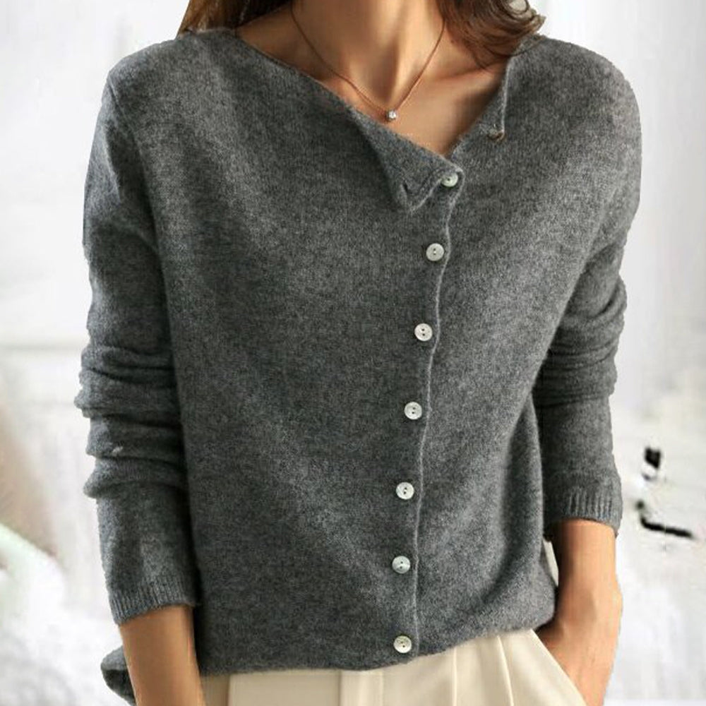 Fashionable Sweater with Stylish Button Closure - Elisa-S-Gray-Nora Luxe
