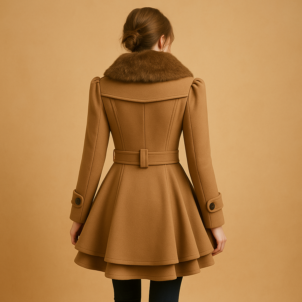 Long winter coat with faux fur collar for women featuring a tailored fit and soft fabric, perfect for elegant winter wear.