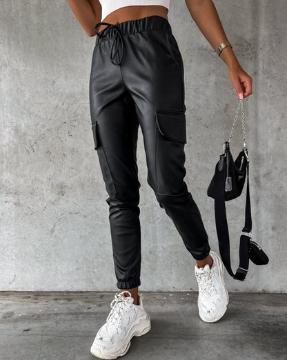 Faux Leather Cargo Trousers for Women - Jade-S-The Livary