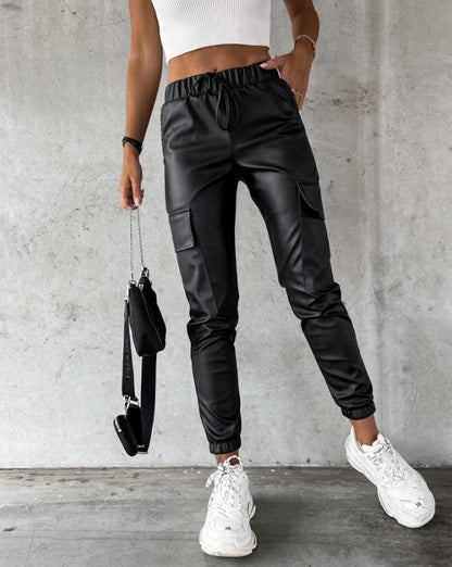 Faux Leather Cargo Trousers for Women - Jade-S-The Livary