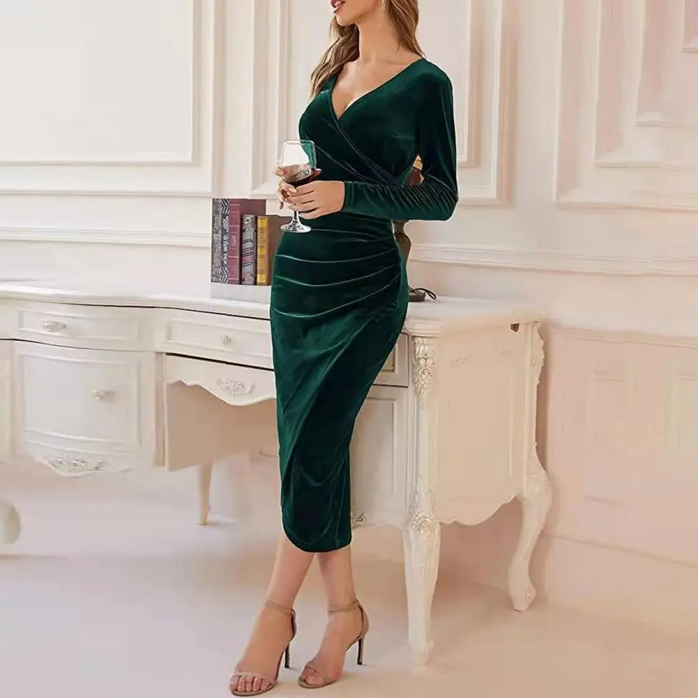 Luxury V Neck Velvet Bodycon Midi Dress - Nocini