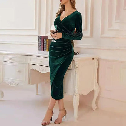 Luxury V Neck Velvet Bodycon Midi Dress - Nocini