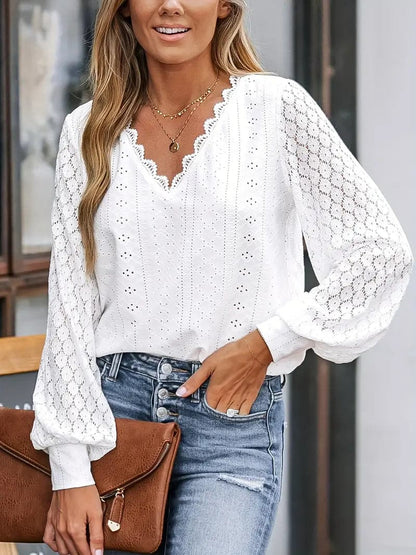Feminine V-Neck Blouse with Lace Details