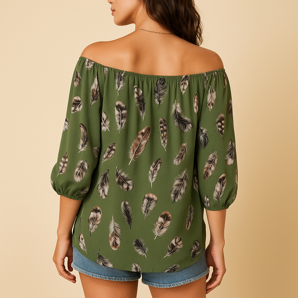 Women’s feather print V-neck blouse in breathable cotton blend — relaxed fit, lightweight comfort, and stylish for everyday wear.