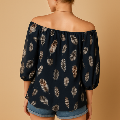 Women’s feather print V-neck blouse in breathable cotton blend — relaxed fit, lightweight comfort, and stylish for everyday wear.