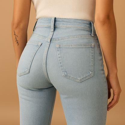 Women’s flared high waist jeans Sophia in classic denim blue with flattering high-rise fit and retro-inspired flared legs.