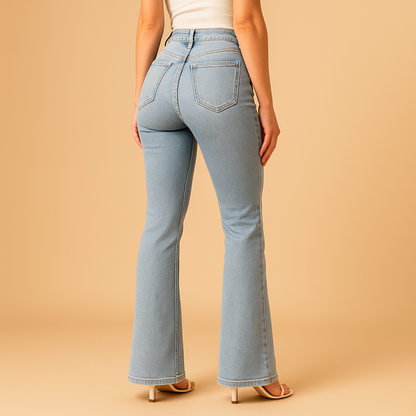 Women’s flared high waist jeans Sophia in classic denim blue with flattering high-rise fit and retro-inspired flared legs.