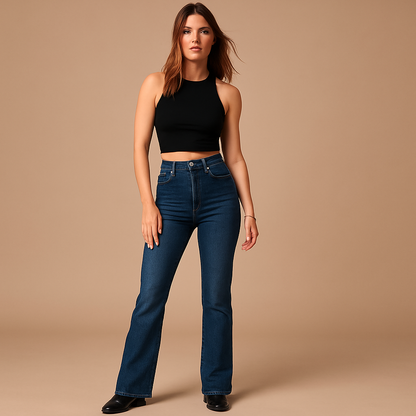 Women’s flared high waist jeans Sophia in classic denim blue with flattering high-rise fit and retro-inspired flared legs.