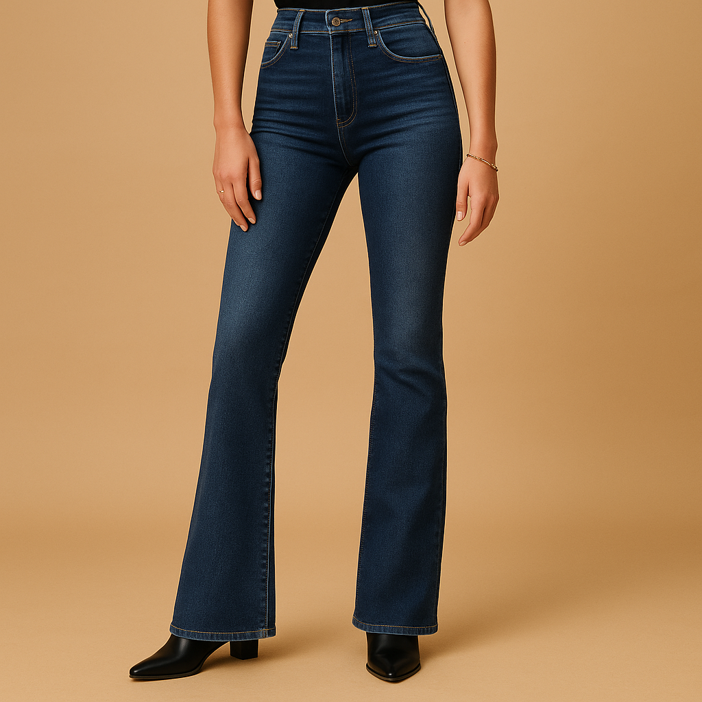 Women’s flared high waist jeans Sophia in classic denim blue with flattering high-rise fit and retro-inspired flared legs.