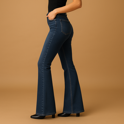 Women’s flared high waist jeans Sophia in classic denim blue with flattering high-rise fit and retro-inspired flared legs.