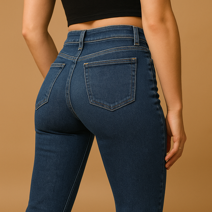 Women’s flared high waist jeans Sophia in classic denim blue with flattering high-rise fit and retro-inspired flared legs.