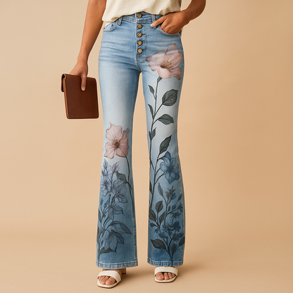 Women’s flared jeans with colorful floral and butterfly prints, made from soft breathable fabric, perfect for casual or summer outfits.