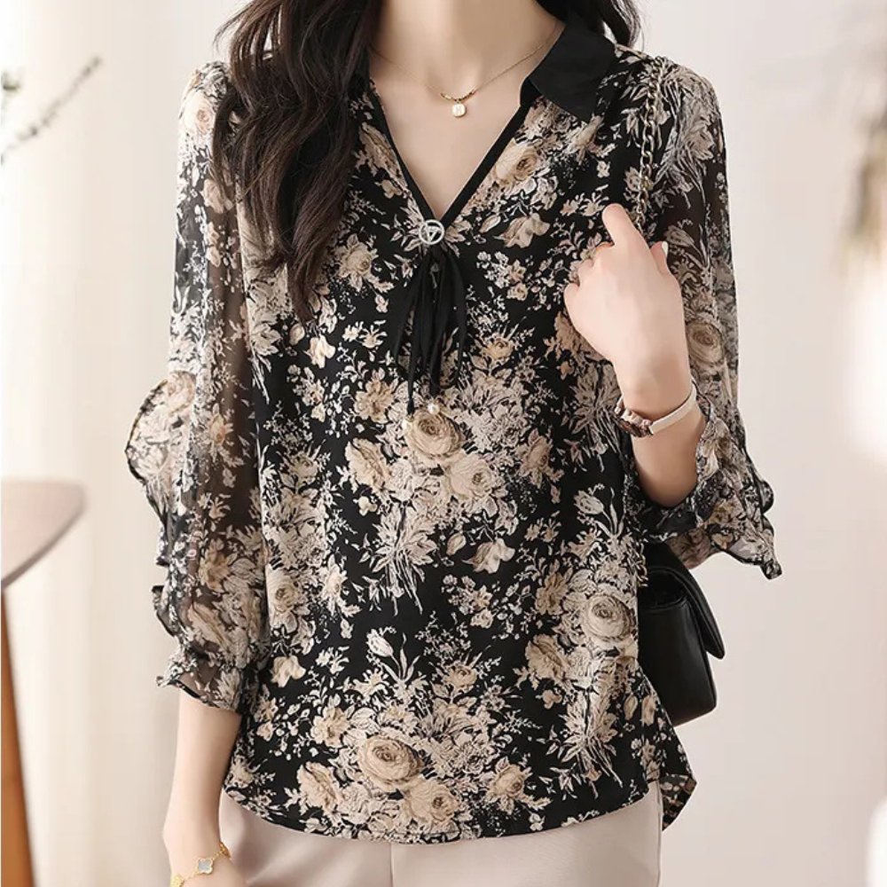 Elegant Black Floral Woman's Collar Top - Pexav