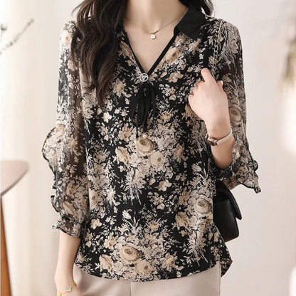 Elegant Black Floral Woman's Collar Top - Pexav