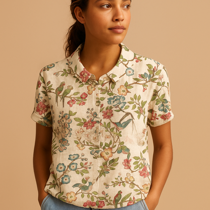 Floral loose fit blouse for women with a multicolored floral pattern, perfect for casual days, outdoor wear, or relaxing at home.