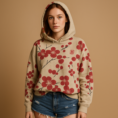 Women’s floral hoodie sweater with drawstring hood and long sleeves in black, blue, and red. Perfect for casual outfits and cozy weekends.